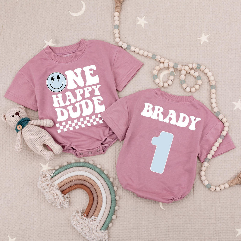 Custom Birthday Baby Romper One Happy Dude Retro Style Checkered Party Outfit Gift Smiley Face Graphic Brady Name Light Blue Number 1