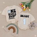 Custom Birthday Baby Romper One Happy Dude Retro Style Checkered Party Outfit Gift Smiley Face Graphic Brady Name Light Blue Number 1