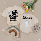Custom Birthday Baby Romper One Happy Dude Retro Style Checkered Party Outfit Gift Smiley Face Graphic Brady Name Light Blue Number 1