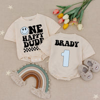 Custom Birthday Baby Romper One Happy Dude Retro Style Checkered Party Outfit Gift Smiley Face Graphic Brady Name Light Blue Number 1