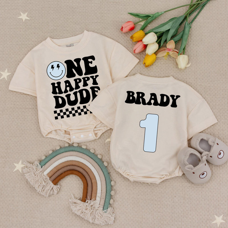 Custom Birthday Baby Romper One Happy Dude Retro Style Checkered Party Outfit Gift Smiley Face Graphic Brady Name Light Blue Number 1