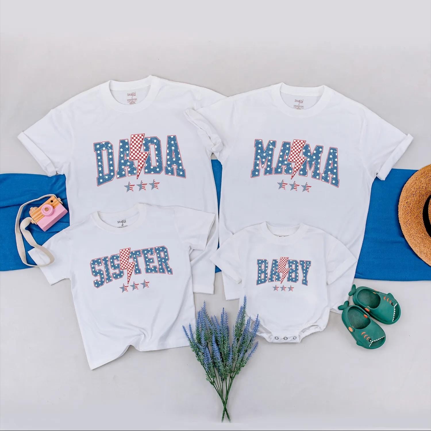 Personalized Family Matching Shirts with USA Flag Design for 4th of July Celebration Dad Mom Baby Sister Patriotic Outfit