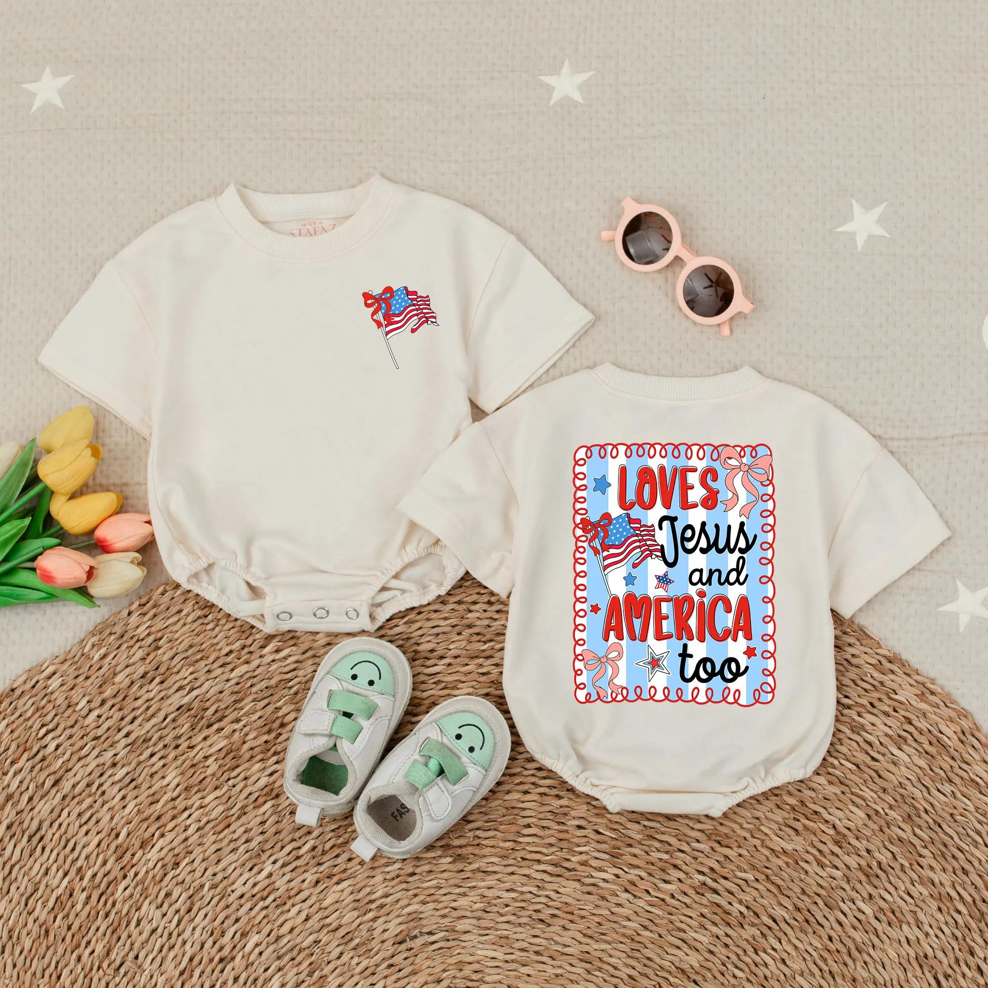 Loves Jesus and America Too Baby Girl Romper Soft Cotton 4th of July Outfit Patriotic Christian Gift Infant Toddler Summer Clothes