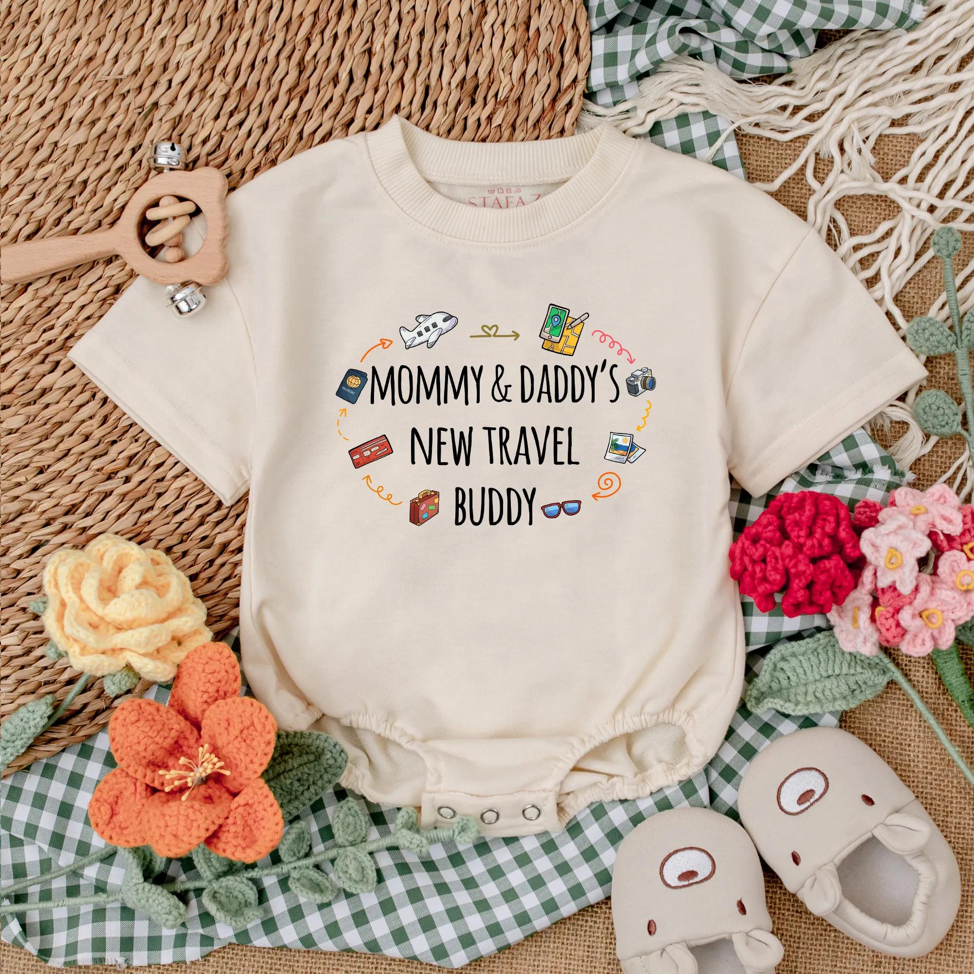 Mommy & Daddy's New Travel Buddy Baby Romper Colorful Vacation Outfit Infant Bodysuit Soft Cotton Airplane Suitcase Design