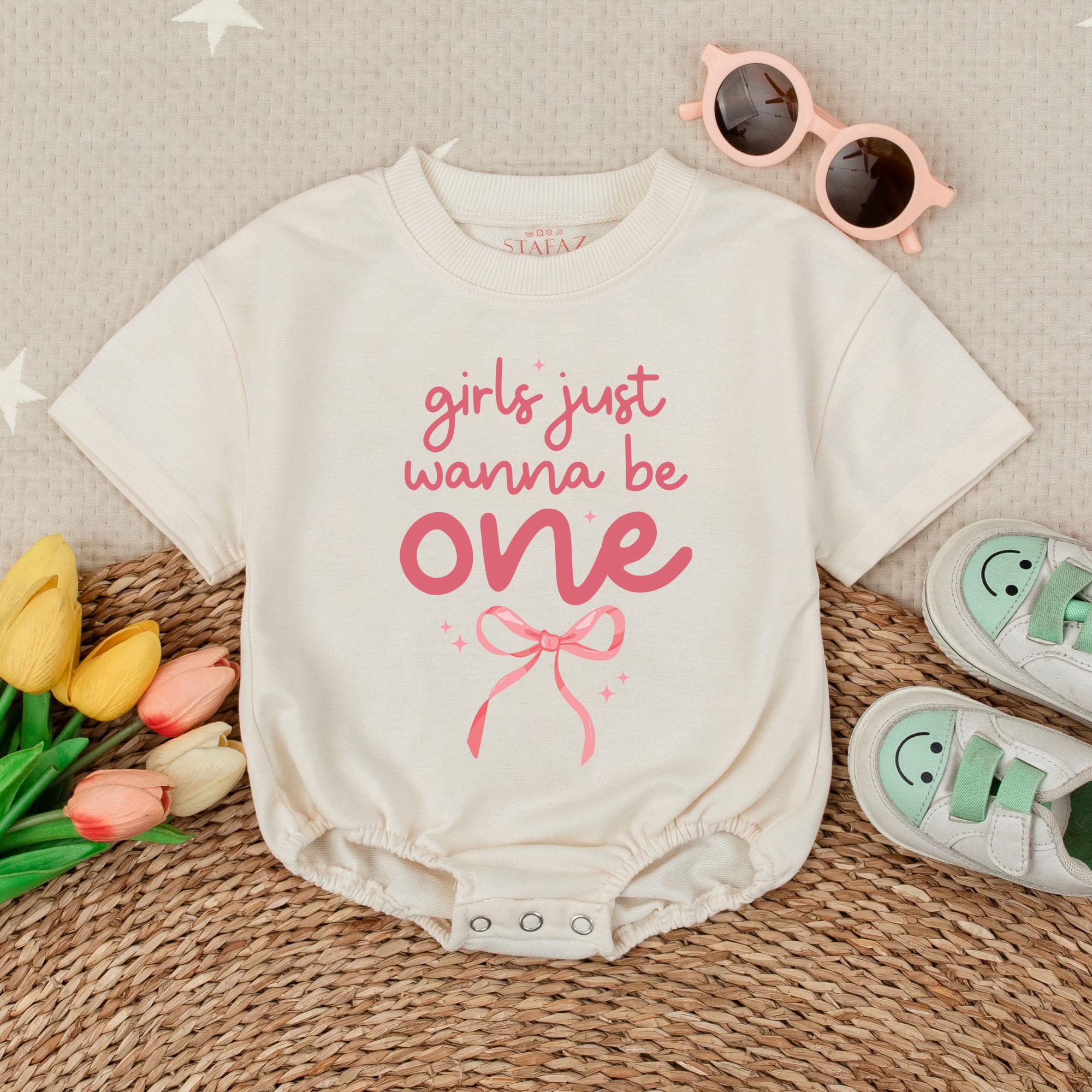 Girls Just Wanna Be One Pink Bow Romper First Birthday Outfit Baby Toddler Celebration Soft Cotton Playful Design Special Day