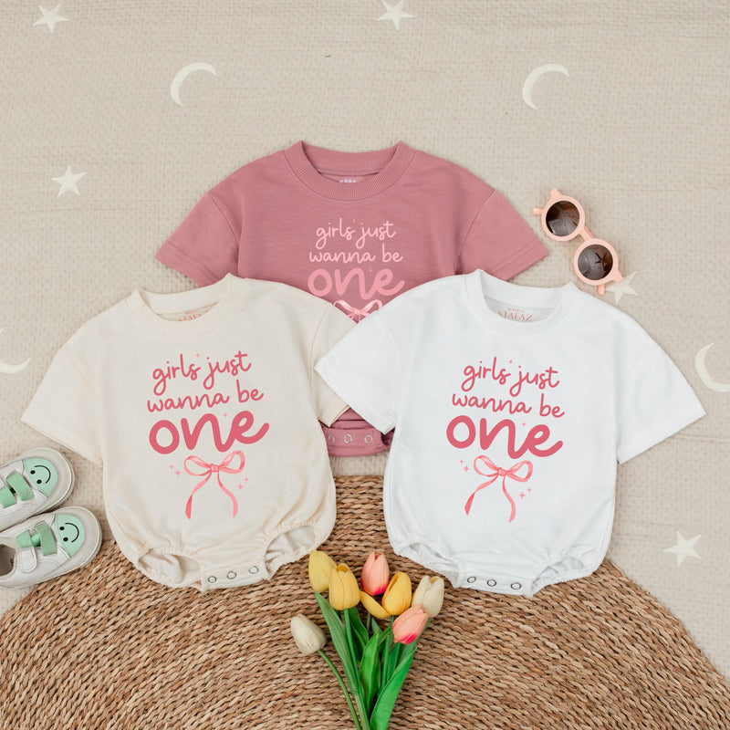 Girls Just Wanna Be One Pink Bow Romper First Birthday Outfit Baby Toddler Celebration Soft Cotton Playful Design Special Day