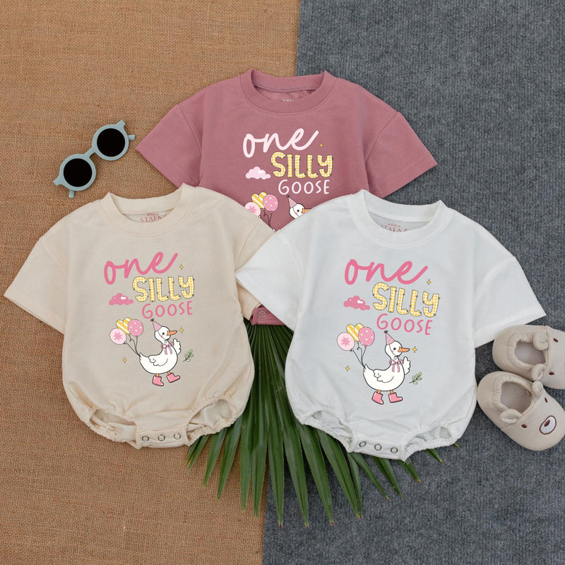 Custom Silly Goose Baby Romper with Name & Birthday Number, 1st Birthday Outfit, Cotton Bubble Bodysuit for Baby Girls, Summer Party Wear