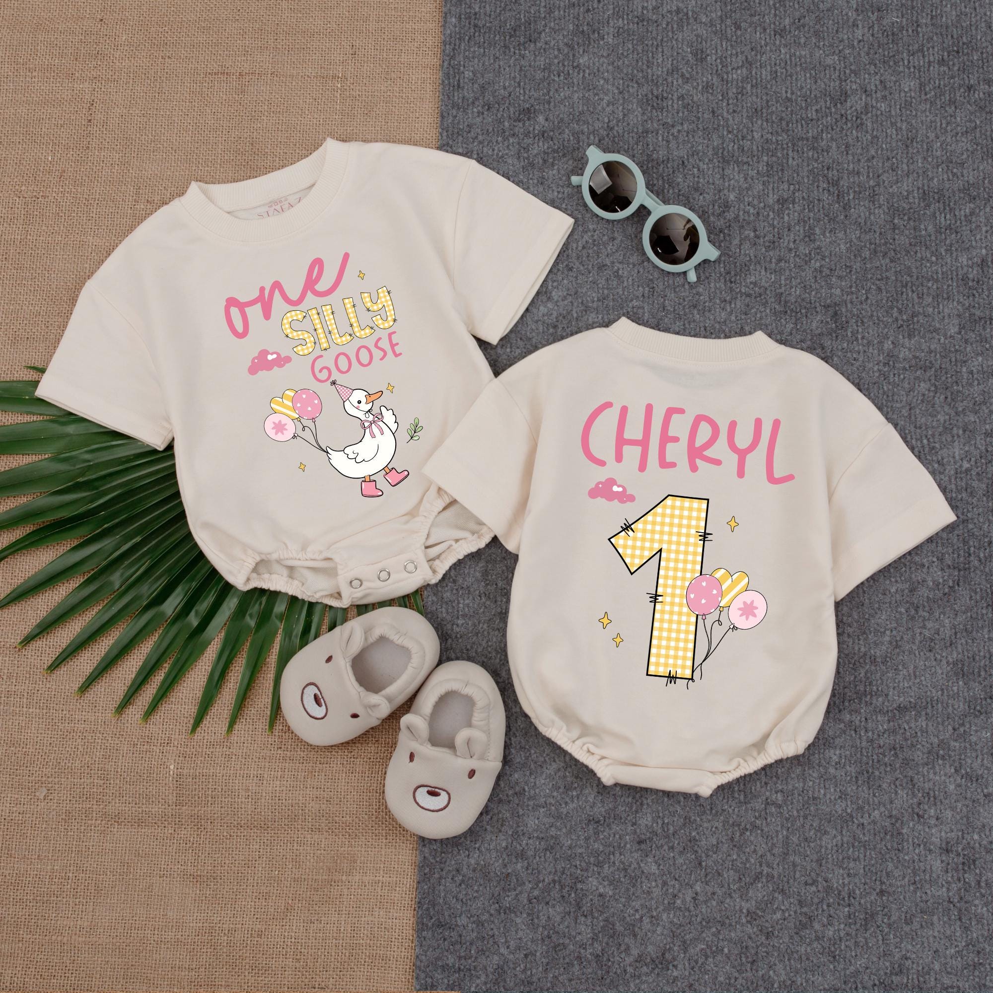 Custom Silly Goose Baby Romper 1st Birthday Outfit with Pink Balloon and Stars for Girls Personalized with Name Soft Cotton Celebration