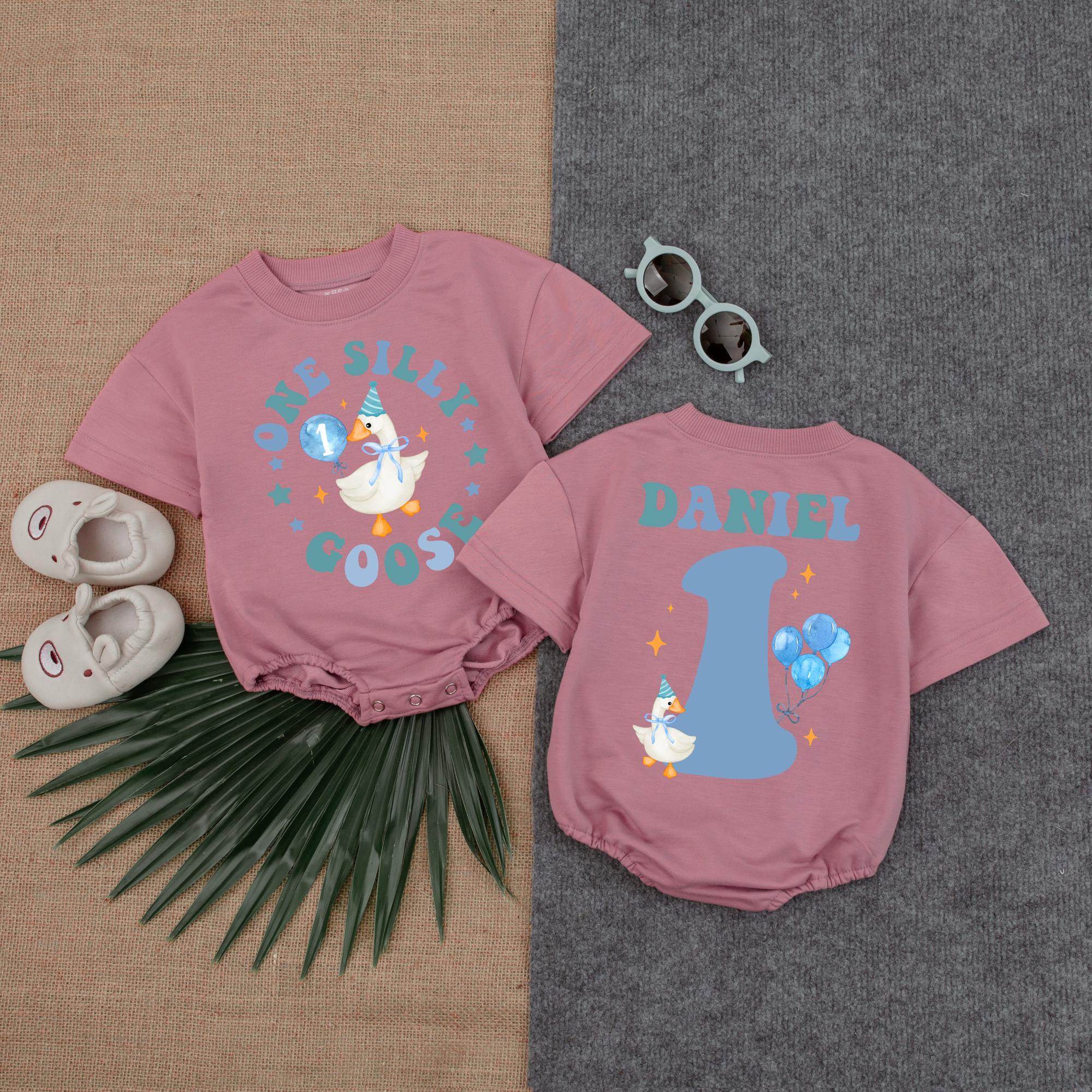 Custom Silly Goose Romper for Boys First Birthday Fun Outfit Baby Party Clothes Festive Design with Name and Age Soft Cotton Comfort