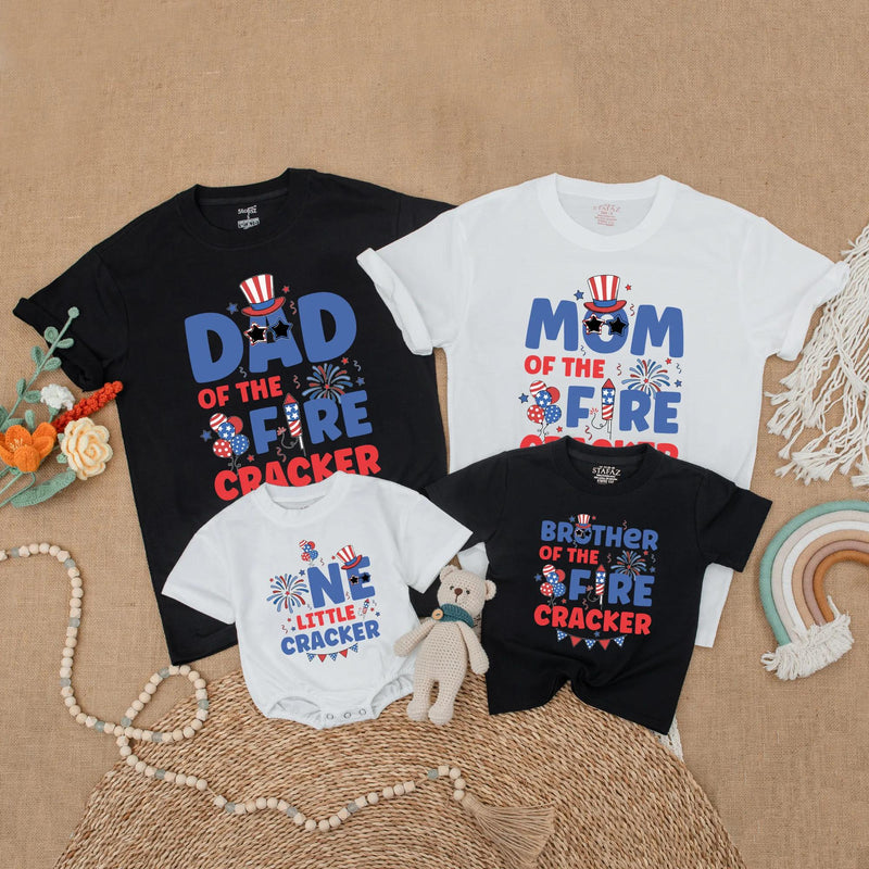 Matching Family Firecracker Shirts Vibrant 4th of July Outfits Birthday Celebration Red Blue Firework Design Personalized Patriotic Wear