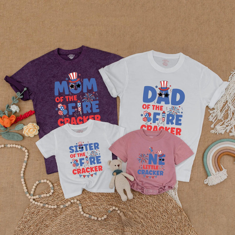 Matching Family Firecracker Shirts Vibrant 4th of July Outfits Birthday Celebration Red Blue Firework Design Personalized Patriotic Wear