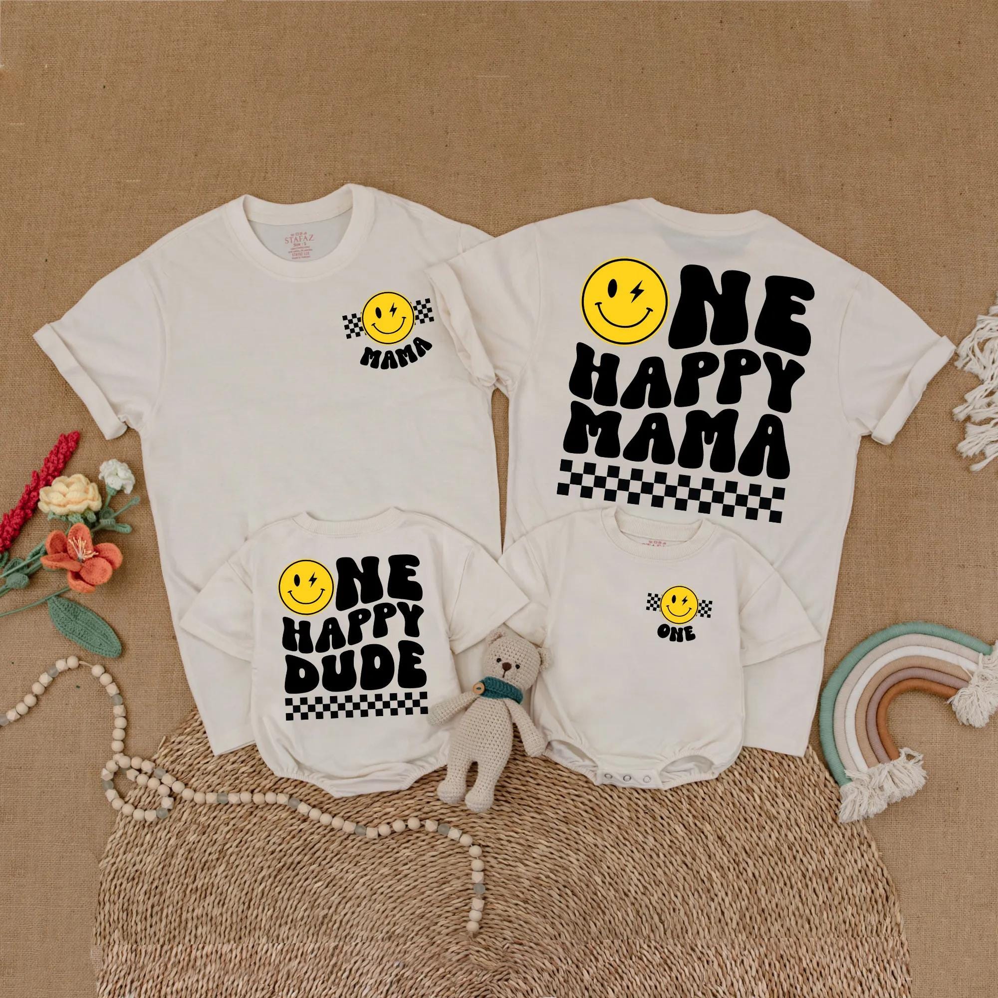 One Happy Dude Birthday Outfit Smiley Face Shirt Cotton Gift for Baby Boy First Party Matching Family Celebration