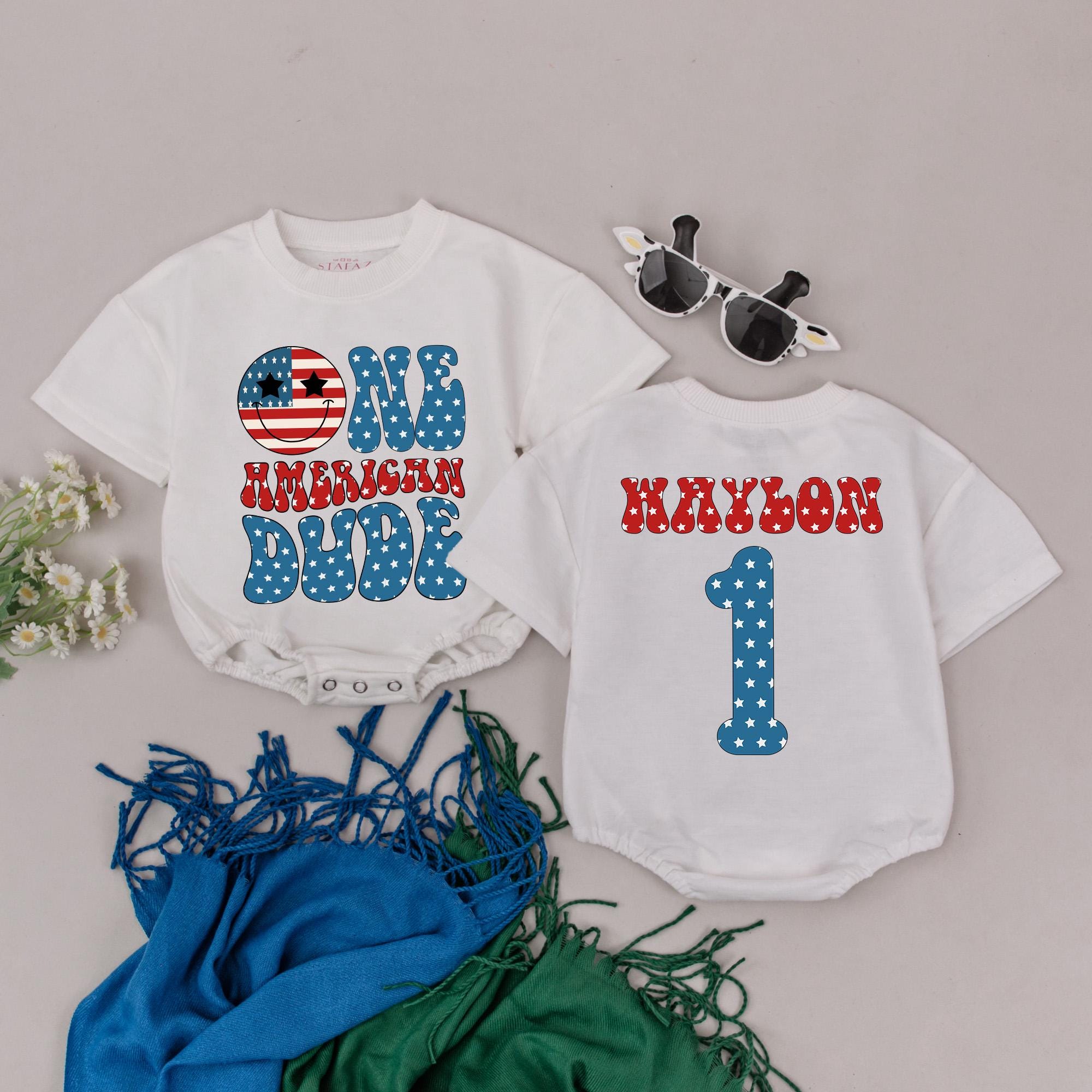 Custom One American Dude Baby Romper Patriotic 4th of July Outfit Personalized Name Bodysuit First Birthday Gift for Boys