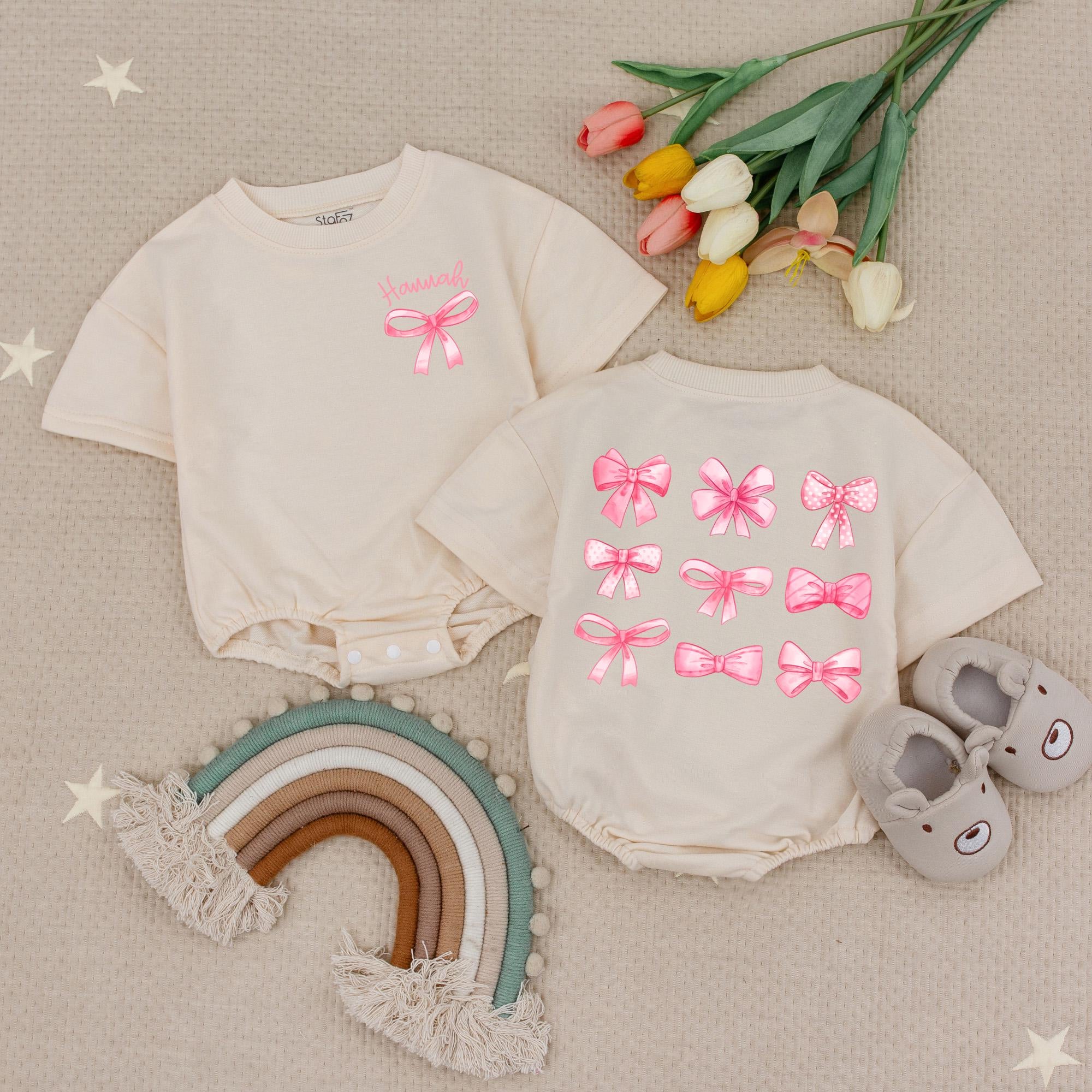 Pink Bows Baby Romper Charming Coquette Bodysuit Newborn Girl Outfit Whimsical Ribbon Design Soft Cotton Birthday Holiday Gift
