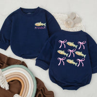 Personalized Bass Fish Romper with Pink Bow for Baby Girl's First Birthday Soft Cotton Summer Outfit Vibrant Green Yellow Design Gift