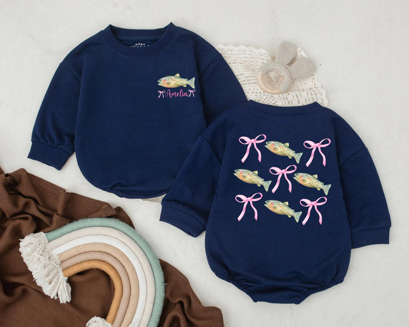 Personalized Bass Fish Romper with Pink Bow for Baby Girl's First Birthday Soft Cotton Summer Outfit Vibrant Green Yellow Design Gift