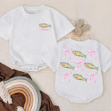 Personalized Bass Fish Romper with Pink Bow for Baby Girl's First Birthday Soft Cotton Summer Outfit Vibrant Green Yellow Design Gift
