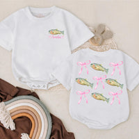 Personalized Bass Fish Romper with Pink Bow for Baby Girl's First Birthday Soft Cotton Summer Outfit Vibrant Green Yellow Design Gift