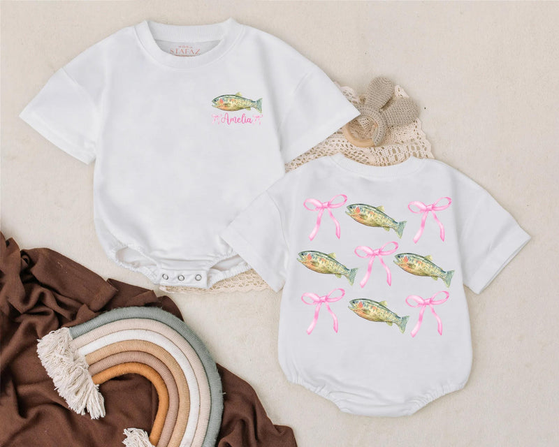 Personalized Bass Fish Romper with Pink Bow for Baby Girl's First Birthday Soft Cotton Summer Outfit Vibrant Green Yellow Design Gift