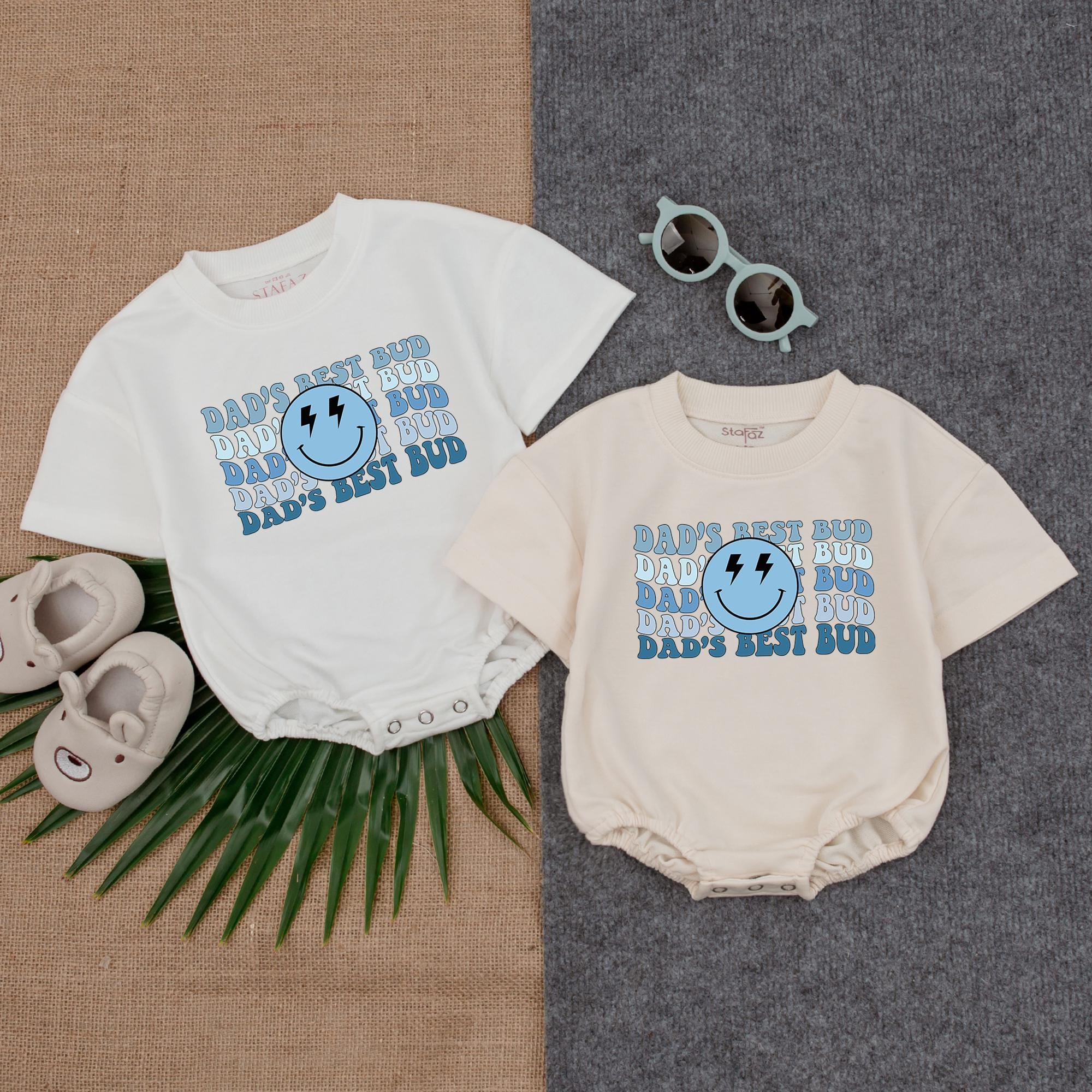 Dad's Best Bud Smiley Face Baby Bodysuit Father's Day Outfit for Boys Blue Cotton Romper Fun Pattern Playful Fashion Gift