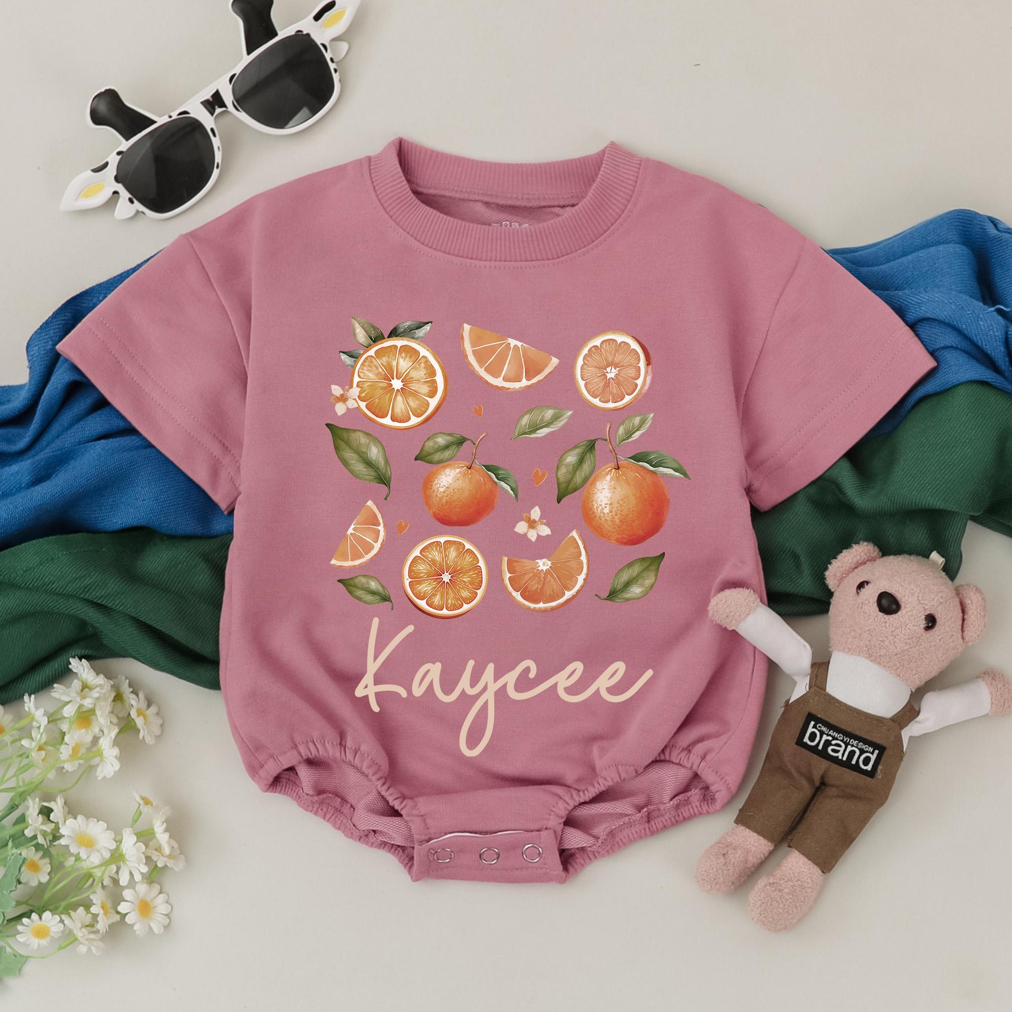Personalized Orange Baby Romper with Hearts Summer Fruit Outfit Infant Girls Boys Custom Name Kaycee Gift Cotton Comfortable