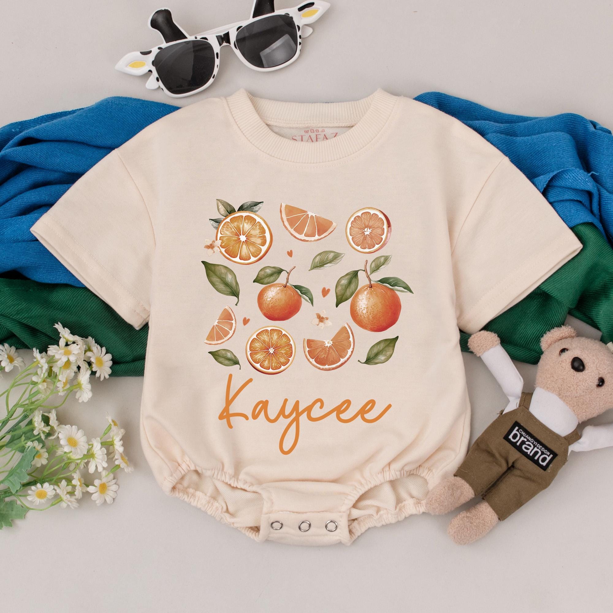 Personalized Orange Baby Romper with Hearts Summer Fruit Outfit Infant Girls Boys Custom Name Kaycee Gift Cotton Comfortable