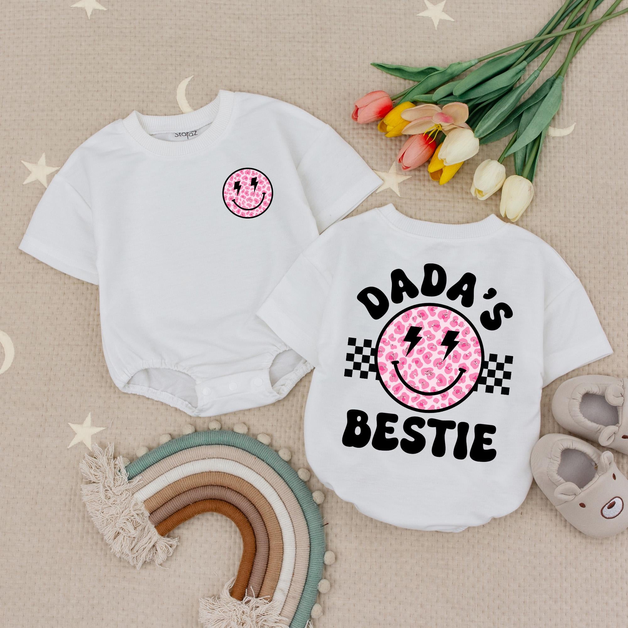 Dada's Bestie Baby Girl Romper with Pink Smiley and Leopard Print Comfortable Outfit for Special Occasions or Casual Days Gift Idea