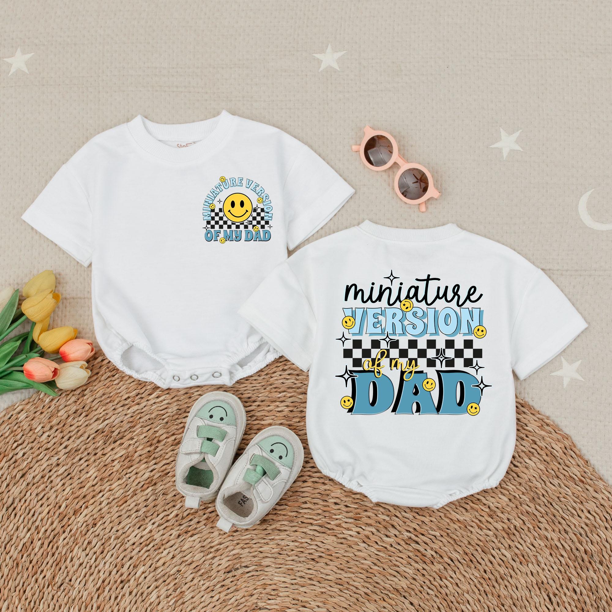 Mini Version of My Dad Bubble Romper Baby Boy Outfit Funny First Father's Day Gift Colorful Smiley Faces Stars Checkered Pattern