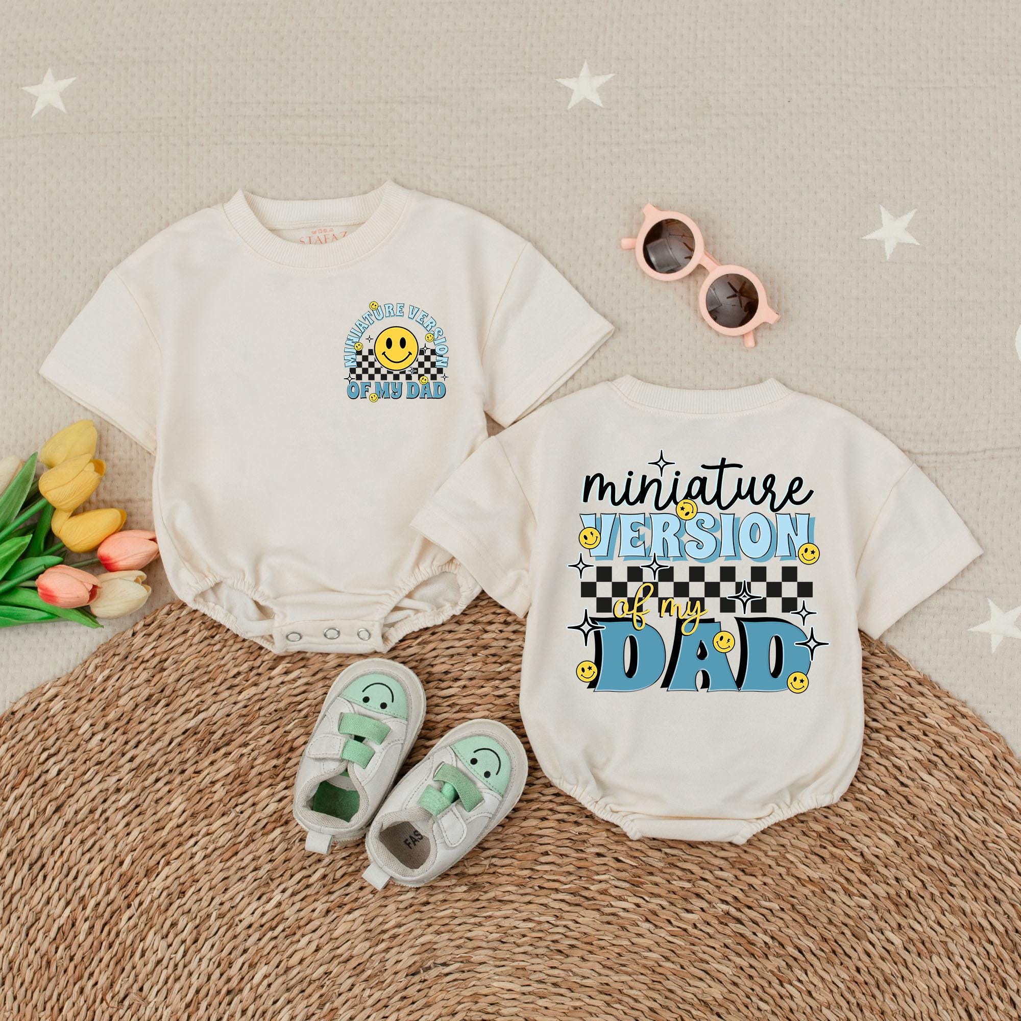 Mini Version of My Dad Bubble Romper Baby Boy Outfit Funny First Father's Day Gift Colorful Smiley Faces Stars Checkered Pattern