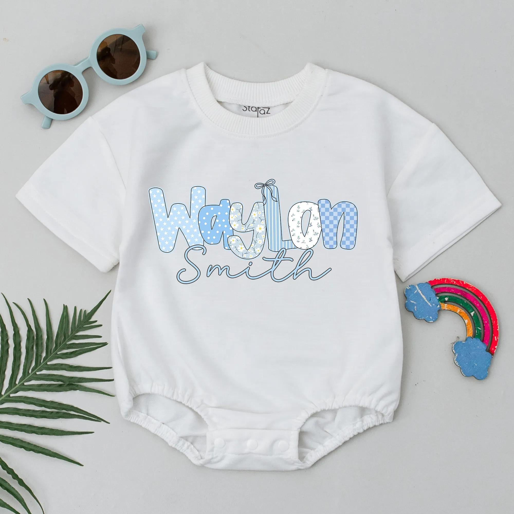 Personalized Waylon Smith Baby Boy Romper Blue Patterned Bodysuit Custom Name Gift Soft Cotton Newborn Clothes Birthday Outfit