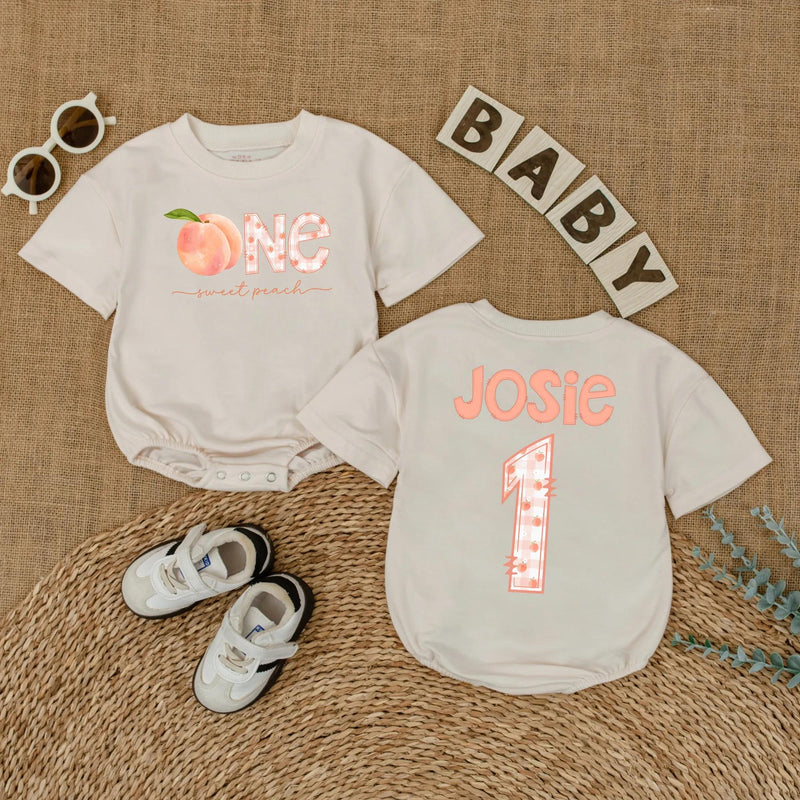 Personalized One Sweet Peach Birthday Romper Baby Girl First Birthday Party Outfit Soft Cotton Peach Lover Gift with Custom Name