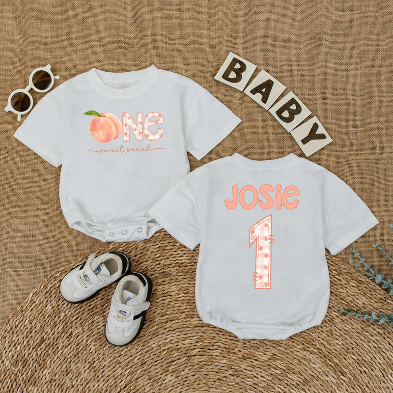 Personalized One Sweet Peach Birthday Romper Baby Girl First Birthday Party Outfit Soft Cotton Peach Lover Gift with Custom Name