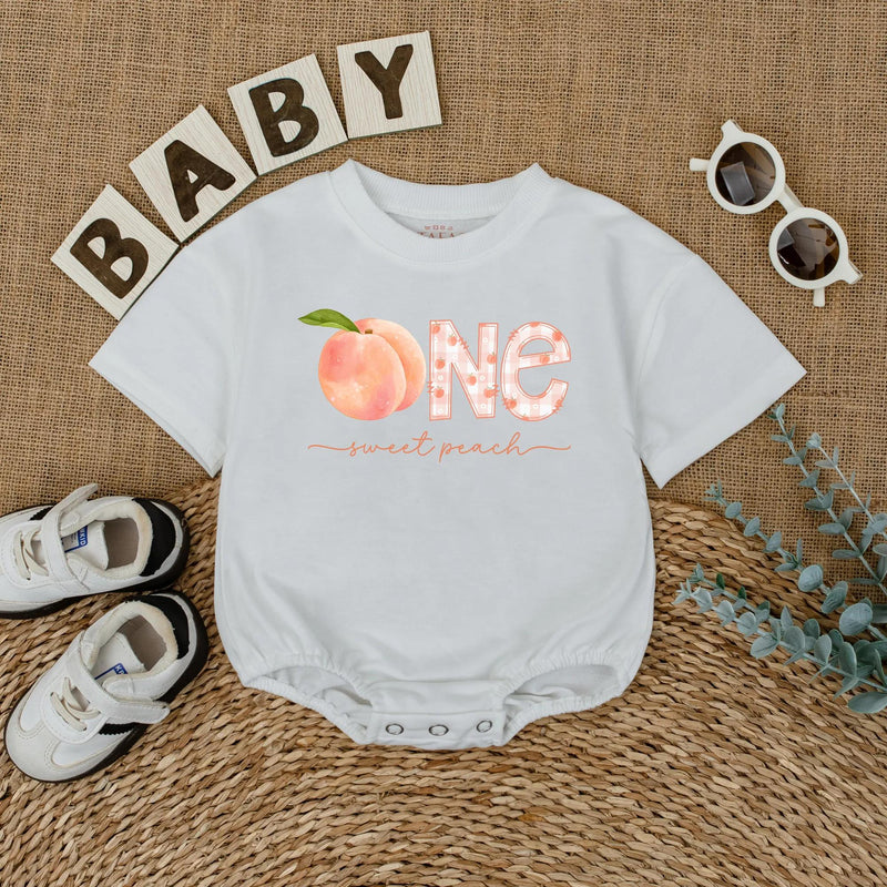 Personalized One Sweet Peach Birthday Romper Baby Girl First Birthday Party Outfit Soft Cotton Peach Lover Gift with Custom Name