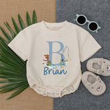 Personalized Baby Boy Romper with Monogram B Watercolor Fishing Design Soft Blue Toddler Summer Outfit Gift Playful Handwritten Name