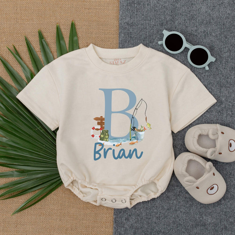 Personalized Baby Boy Romper with Monogram B Watercolor Fishing Design Soft Blue Toddler Summer Outfit Gift Playful Handwritten Name