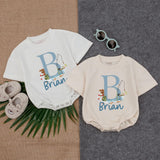 Personalized Baby Boy Romper with Monogram B Watercolor Fishing Design Soft Blue Toddler Summer Outfit Gift Playful Handwritten Name