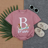 Personalized Baby Boy Romper with Monogram B Watercolor Fishing Design Soft Blue Toddler Summer Outfit Gift Playful Handwritten Name