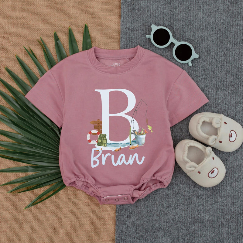 Personalized Baby Boy Romper with Monogram B Watercolor Fishing Design Soft Blue Toddler Summer Outfit Gift Playful Handwritten Name
