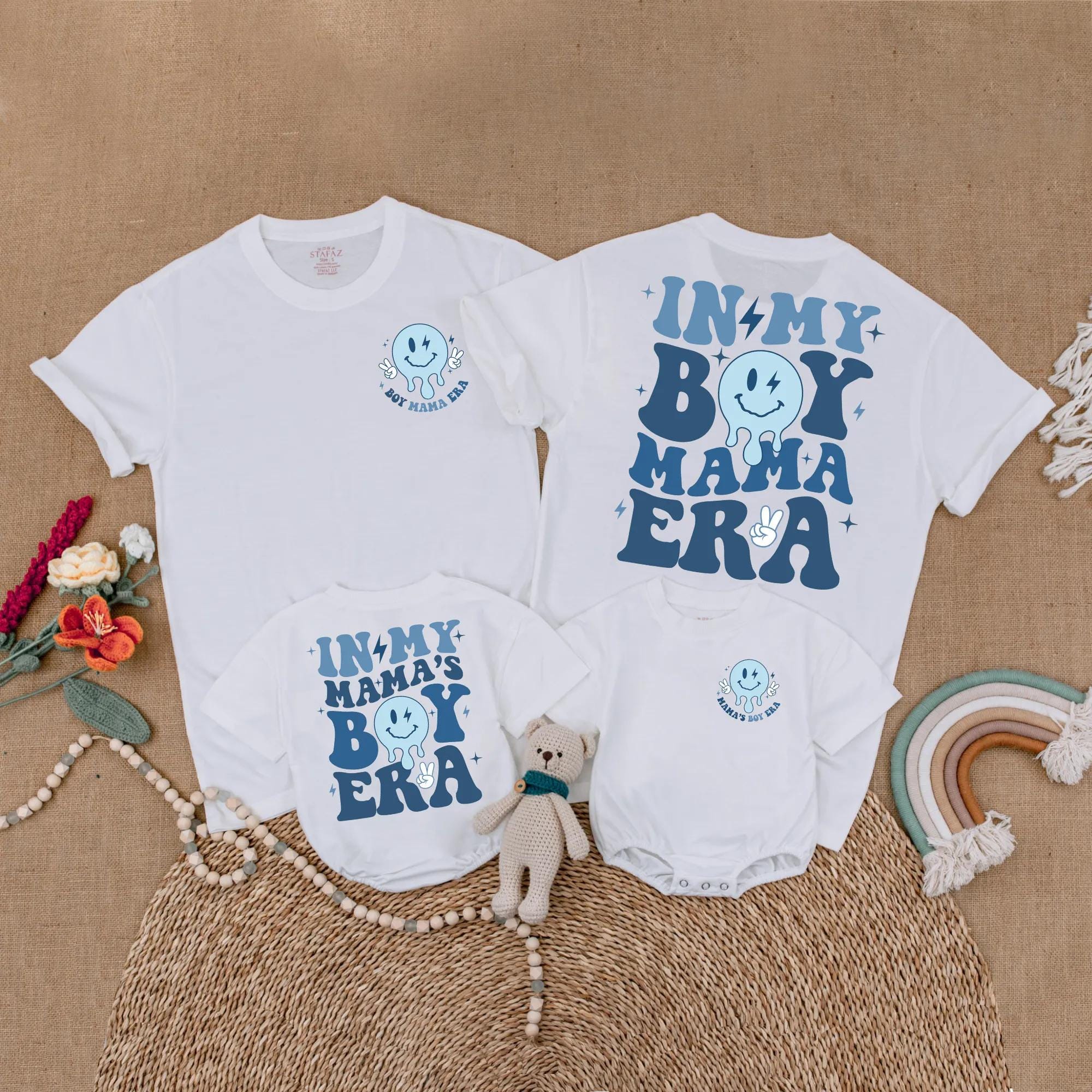 Retro Boy Mama Matching Shirts Nostalgic 70s Style Mom and Baby Blue Smiley Face Family Outfit Personalized Gift