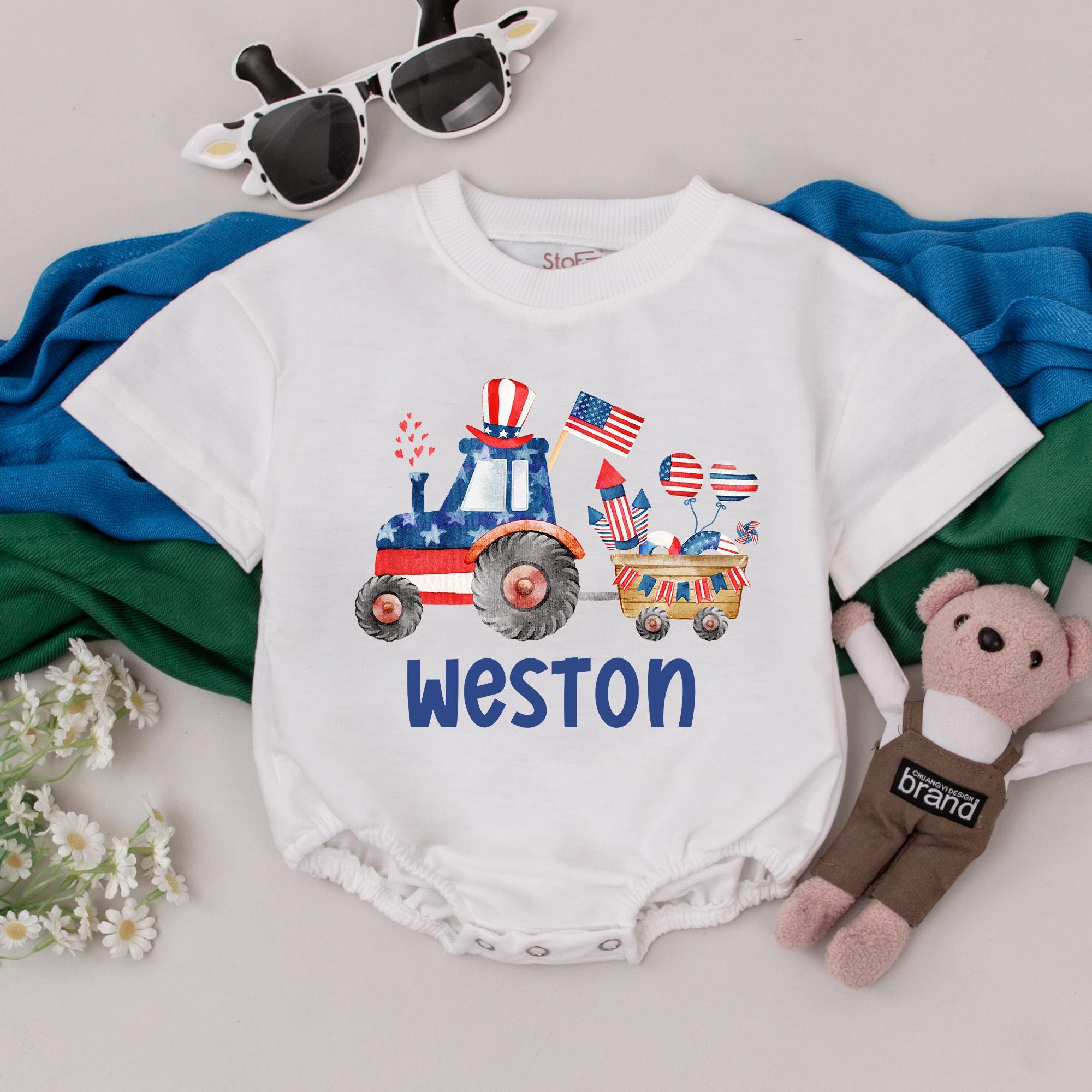 Custom Baby Romper with Patriotic Tractor Uncle Sam Hat 4th of July Outfit Soft Cotton Personalized Name USA Holiday Baby Clothes