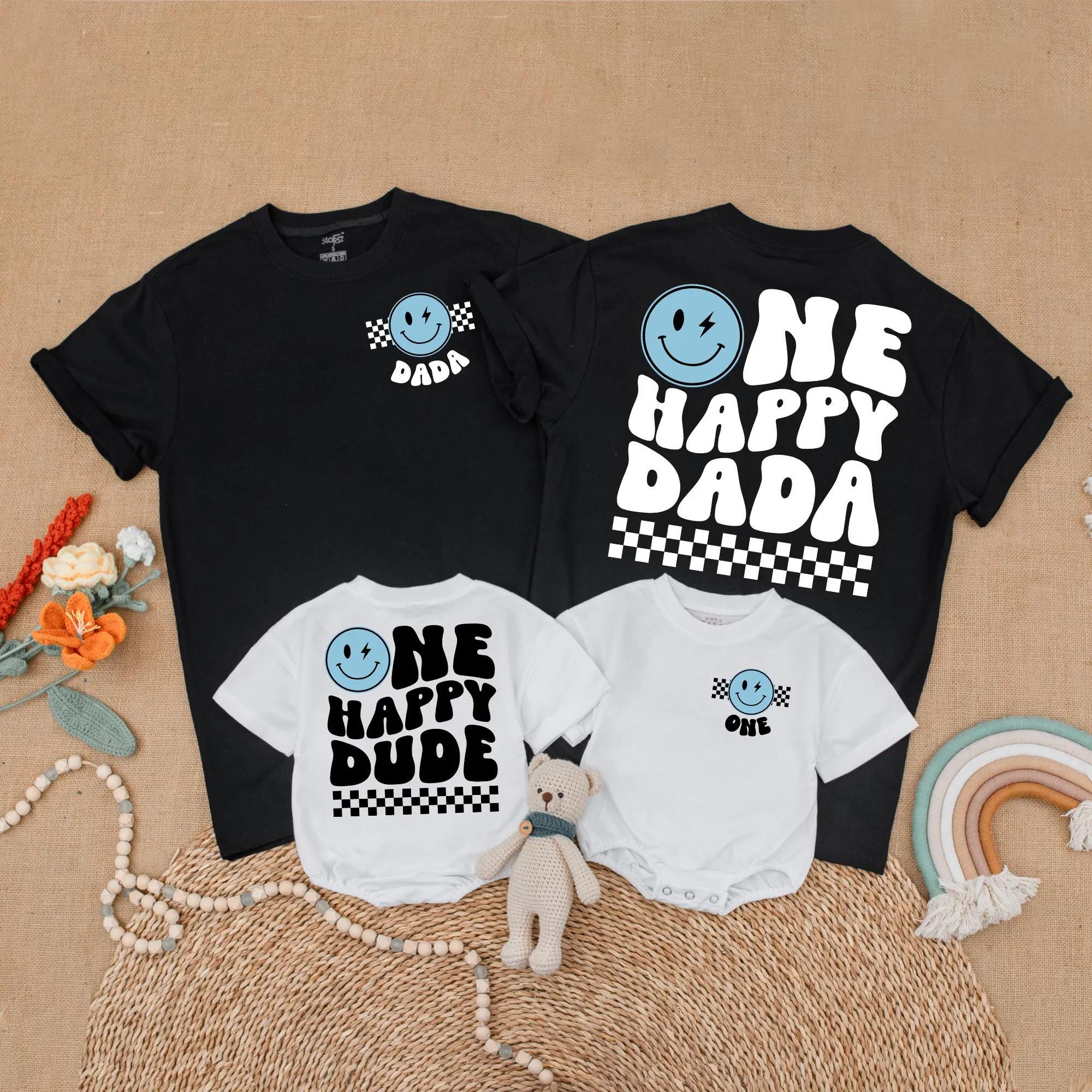 Blue One Happy Dude Matching Family Birthday Shirt Smiley Face First Birthday Outfit for Toddler Baby Boy Gift Custom Cotton Tee