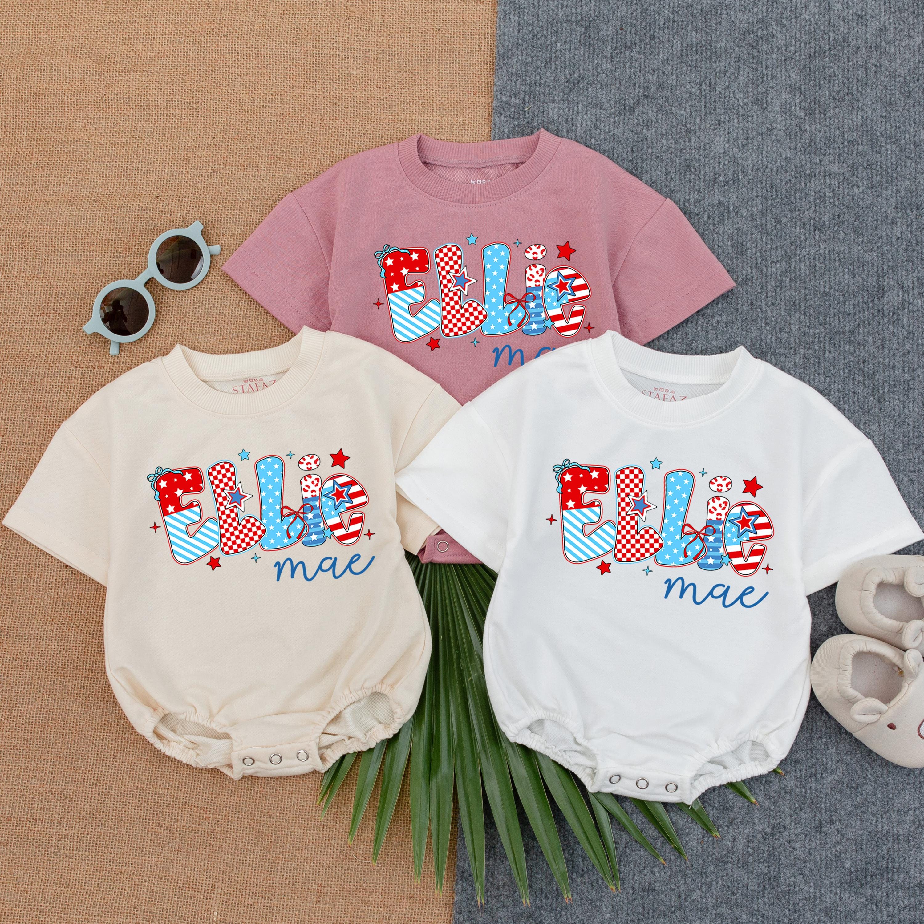 Custom Ellie mae Baby Romper Patriotic 4th of July Outfit Girls Independence Day Celebration Soft Cotton Red White Blue Design