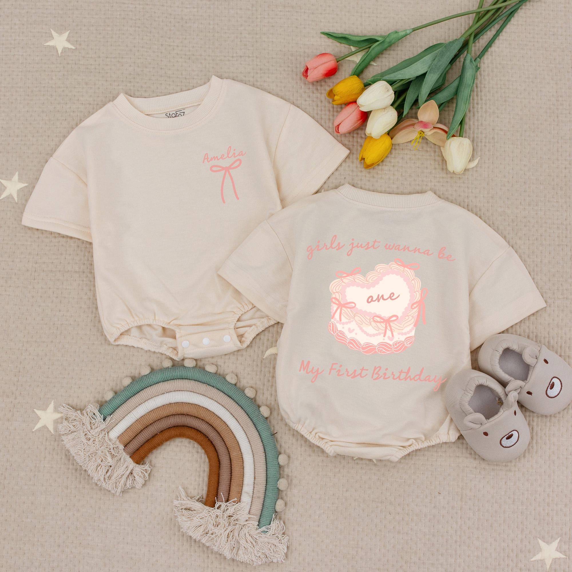 Girls First Birthday Romper with Pink Bow Amelia Custom Name Baby Outfit Soft Coquette Design One Year Old Celebration Baby Girl