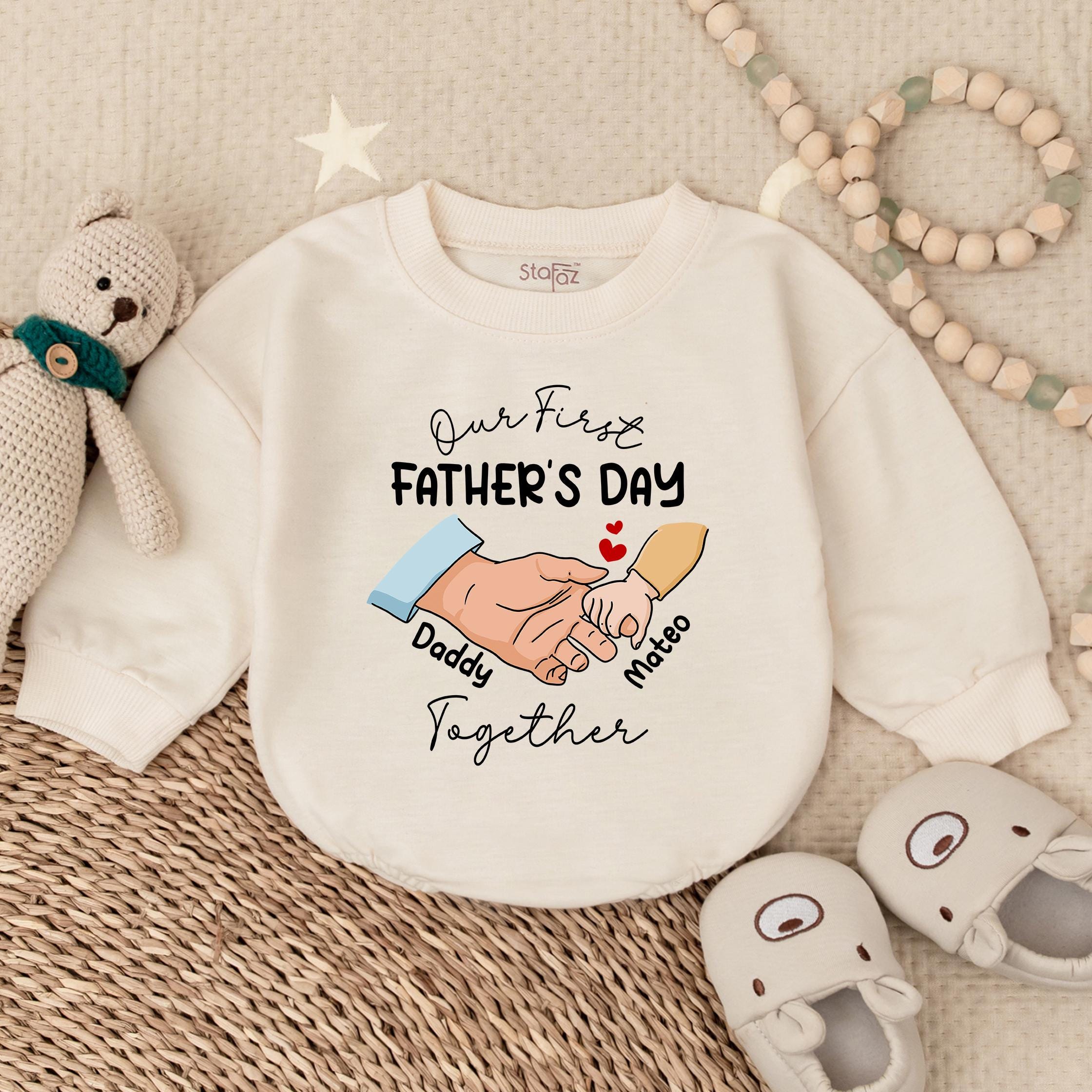 Personalized Our First Father's Day Together Bubble Romper Baby Outfit with Heartwarming Hand Illustration Gift for New Dad