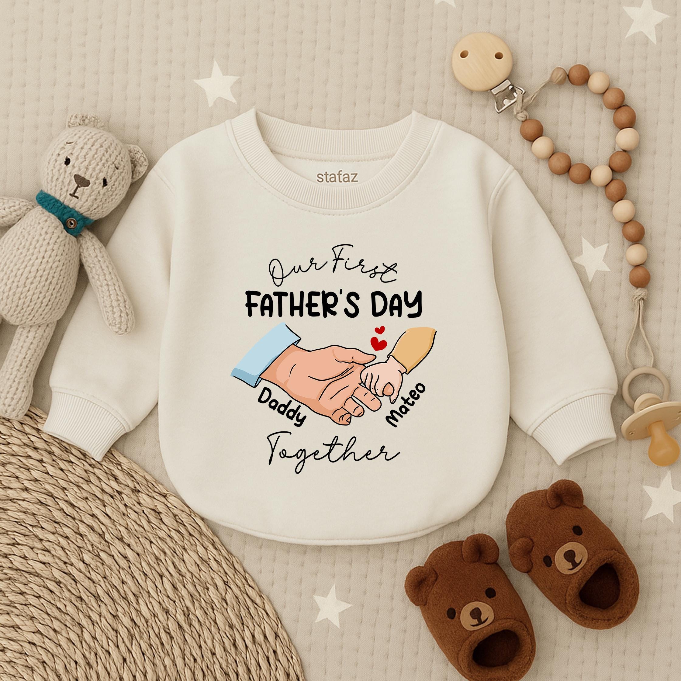 Personalized Our First Father's Day Together Bubble Romper Baby Outfit with Heartwarming Hand Illustration Gift for New Dad