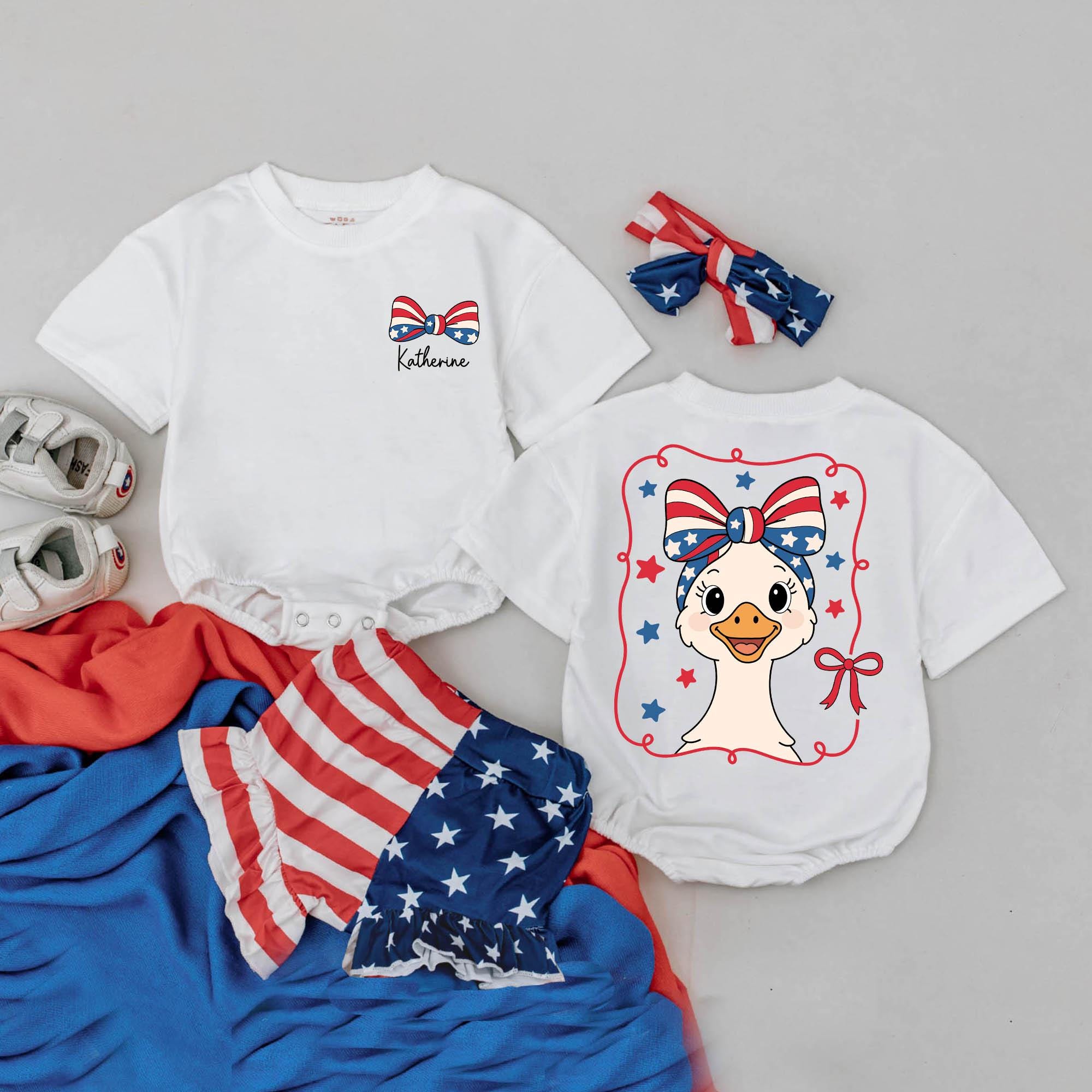 Personalized 4th of July Goose Romper for Baby Girls Patriotic Bow Outfit Independence Day Custom Name Gift