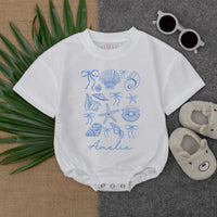 Personalized Seashell Baby Romper with Name, Short Sleeve Ocean-Themed Bodysuit for Summer, Soft Cotton Beach Outfit for Babies and Toddlers