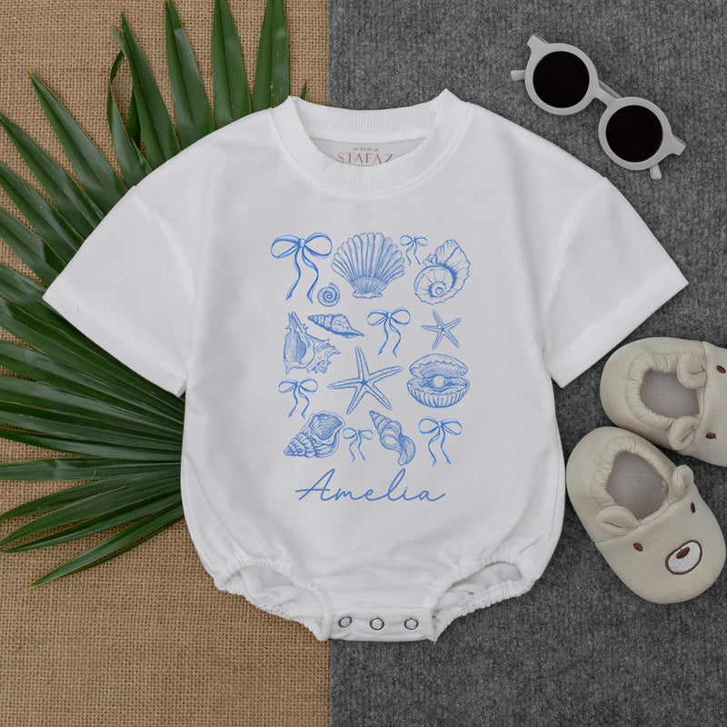 Personalized Seashell Baby Romper with Name, Short Sleeve Ocean-Themed Bodysuit for Summer, Soft Cotton Beach Outfit for Babies and Toddlers