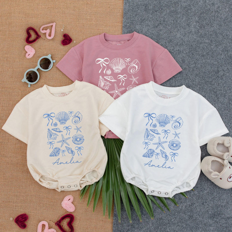 Personalized Seashell Baby Romper with Name, Short Sleeve Ocean-Themed Bodysuit for Summer, Soft Cotton Beach Outfit for Babies and Toddlers