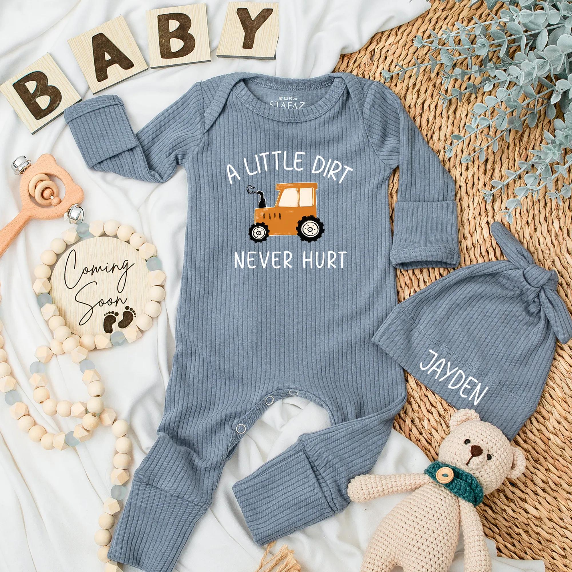 Custom A Little Dirt Baby Bodysuit Cute Tractor Country Boy Outfit Gift for Farm Life Fans Orange Black Graphics Cotton Comfortable